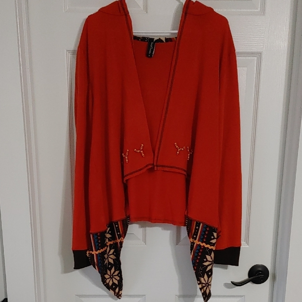 Sacred Threads Orange Hooded Open-Front Cardigan sz Medium w/Aztec Snowflake